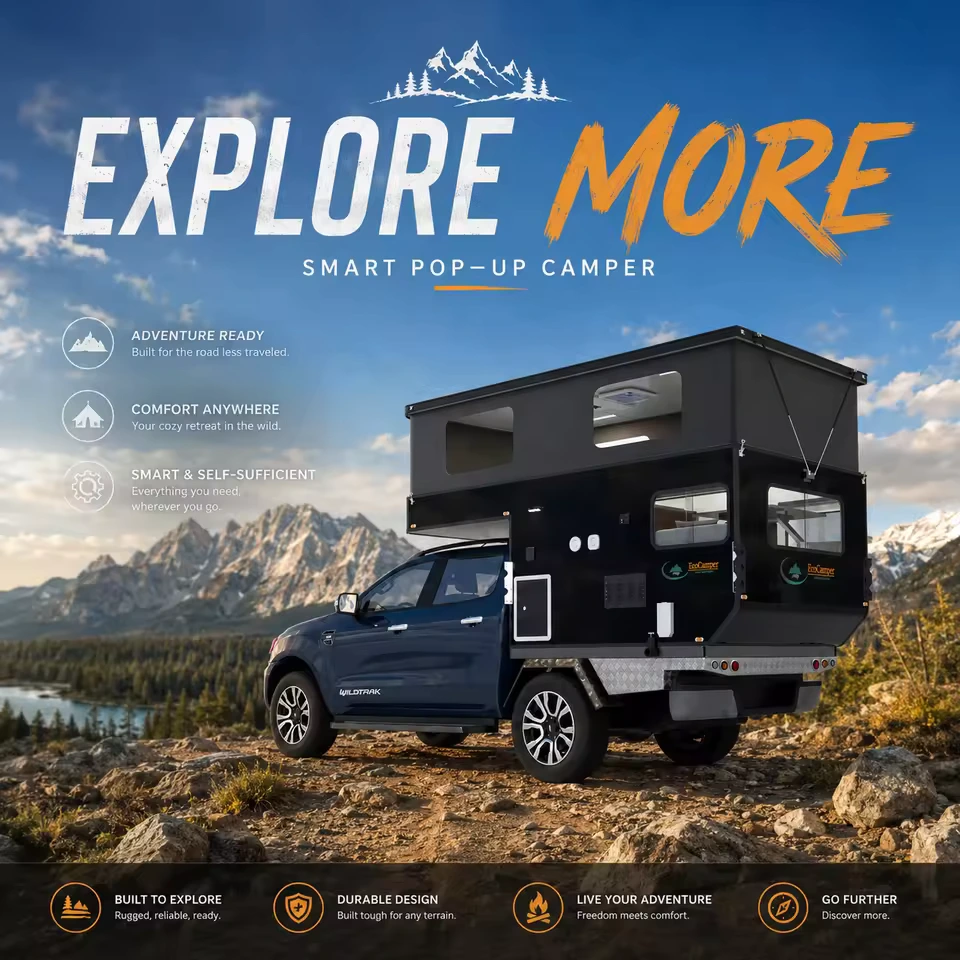 Black Betty Skadoo smart pop-up truck camper on a 4x4 vehicle in a mountainous off-road camping landscape.