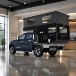 Black Betty Skadoo 4x4 off-road truck camper with a slide-in kitchen, foldable design, and modern features in a showroom.