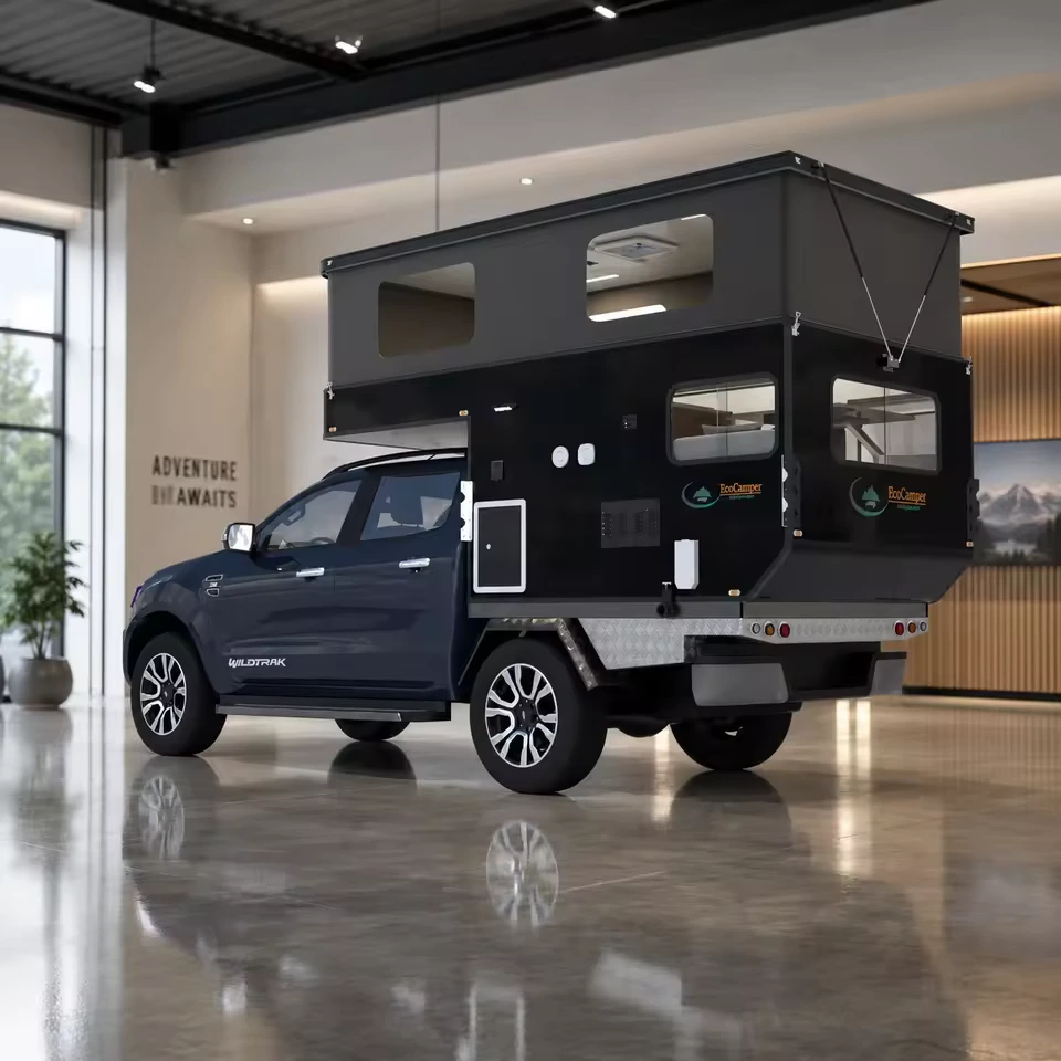 Black Betty Skadoo 4x4 off-road truck camper with a slide-in kitchen, foldable design, and modern features in a showroom.