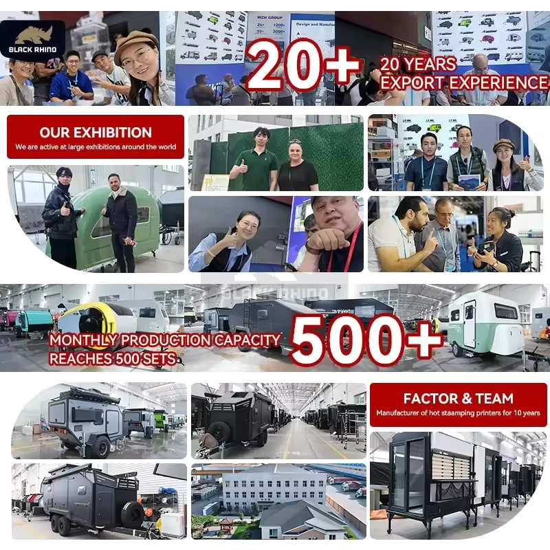 Black Rhino caravan manufacturing facility exhibition booth team and diverse off-road hybrid camper trailer models.