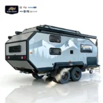 The Lucy Lux Black Rhino-2A hybrid off-road caravan with mountain graphics and off-grid camping features displayed.