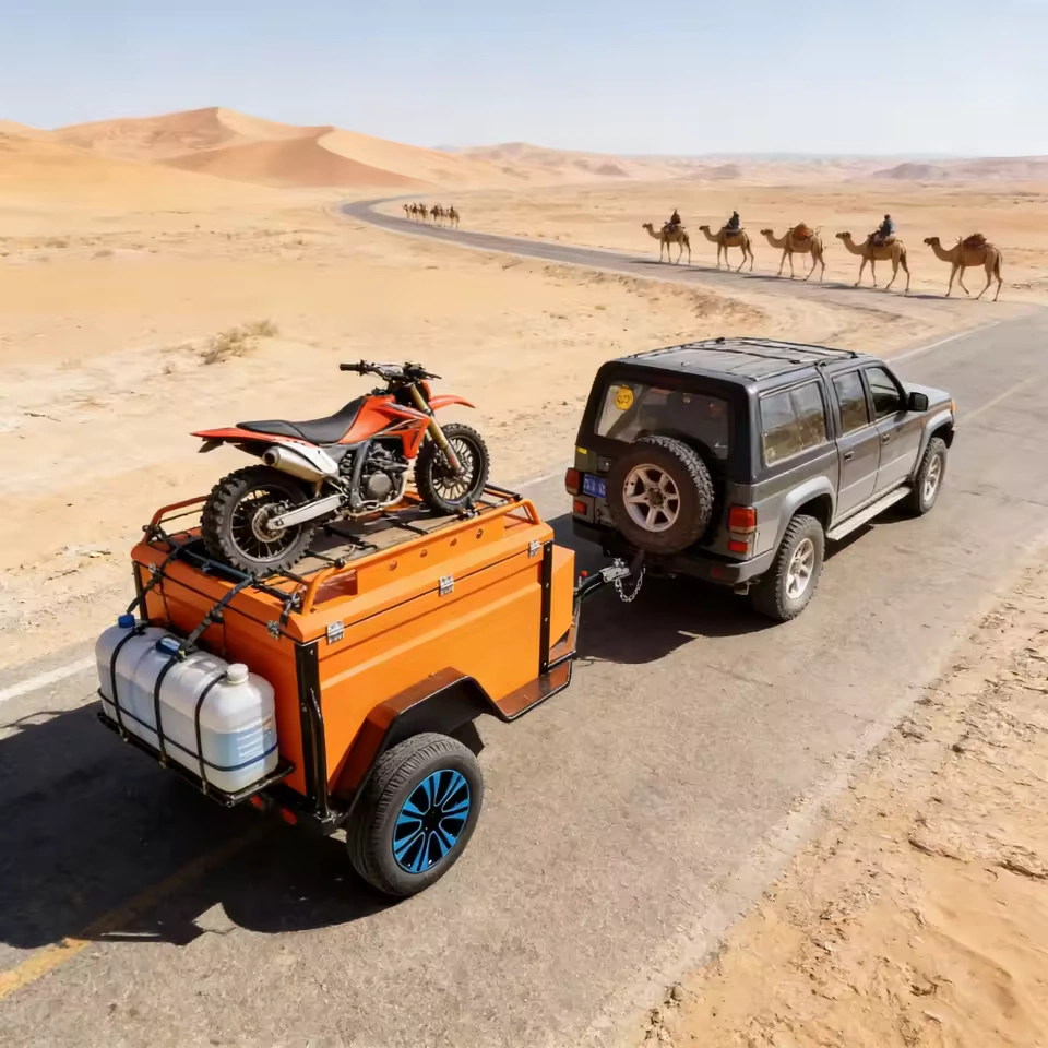 Orange Box Buddy off-road mini caravan trailer carrying a dirt bike and water tanks, towed by a 4x4 on desert track
