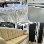 The Terminator off-road caravan interior featuring a comfortable queen-size bed area and modern lounge seating setup.