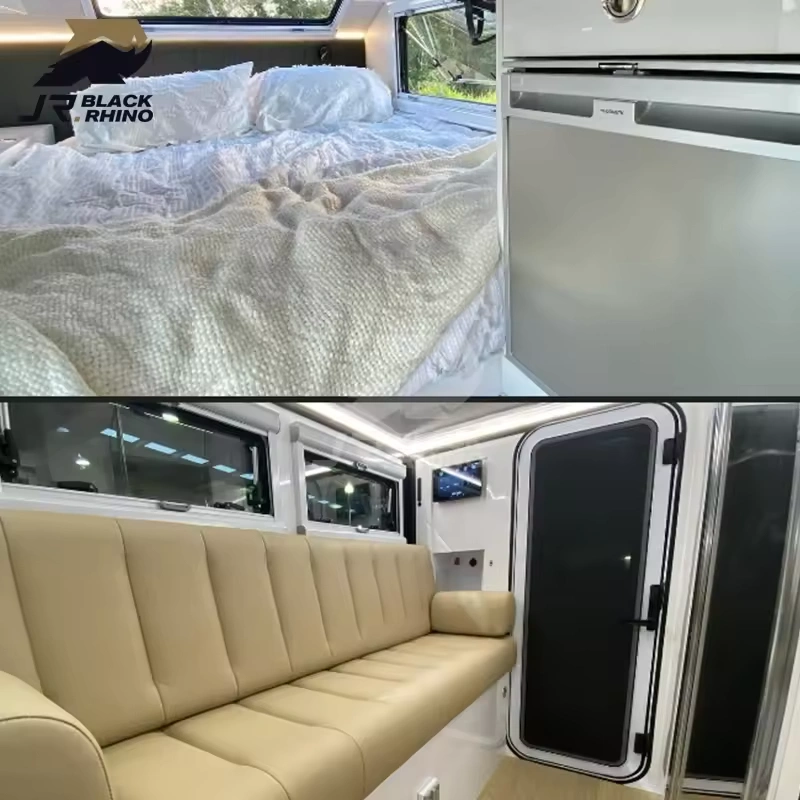 The Terminator off-road caravan interior featuring a comfortable queen-size bed area and modern lounge seating setup.
