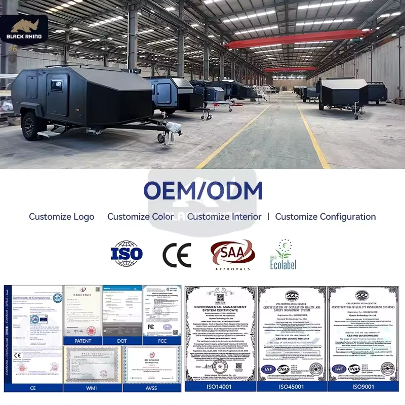 Black Rhino off-road camper trailer production line at the manufacturer factory showing quality and certifications.