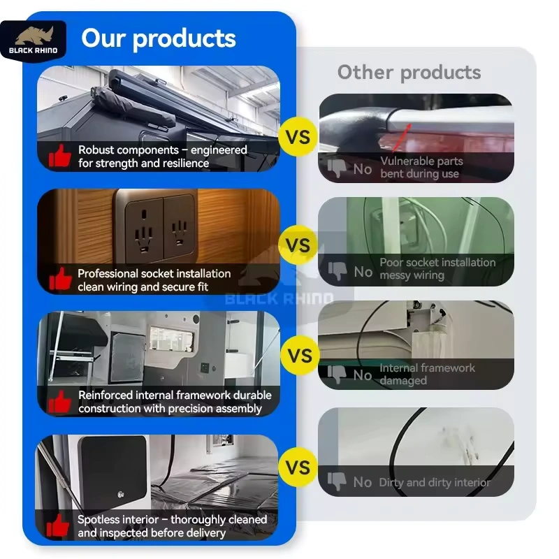Comparison chart showing Black Rhino-2A off-road caravan quality versus inferior competitor trailer build standards.