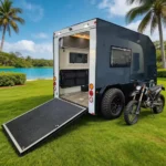 Toy Boy off-road toy hauler camper with rear ramp door open and a dirt bike parked on a grassy tropical landscape.