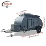 WECARE Basic Teardrop mini caravan showing exterior dimensions and off-road trailer specifications for off-grid camping.