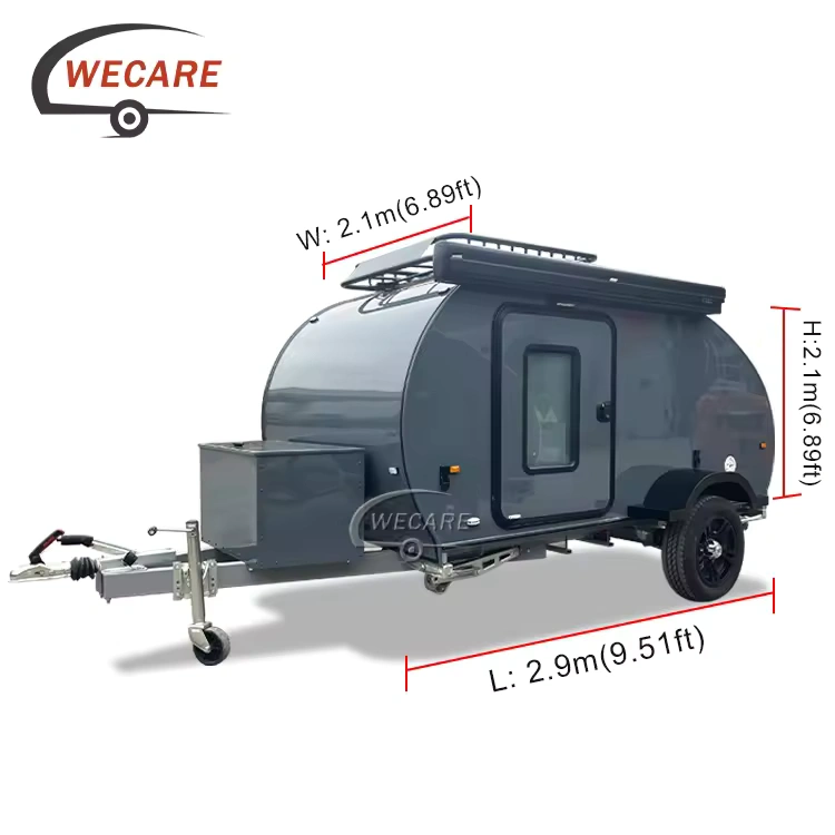 WECARE Basic Teardrop mini caravan showing exterior dimensions and off-road trailer specifications for off-grid camping.