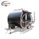 WECARE Teardrop Camper with Table featuring exterior dimensions and sleek black stainless steel design for off-road travel.