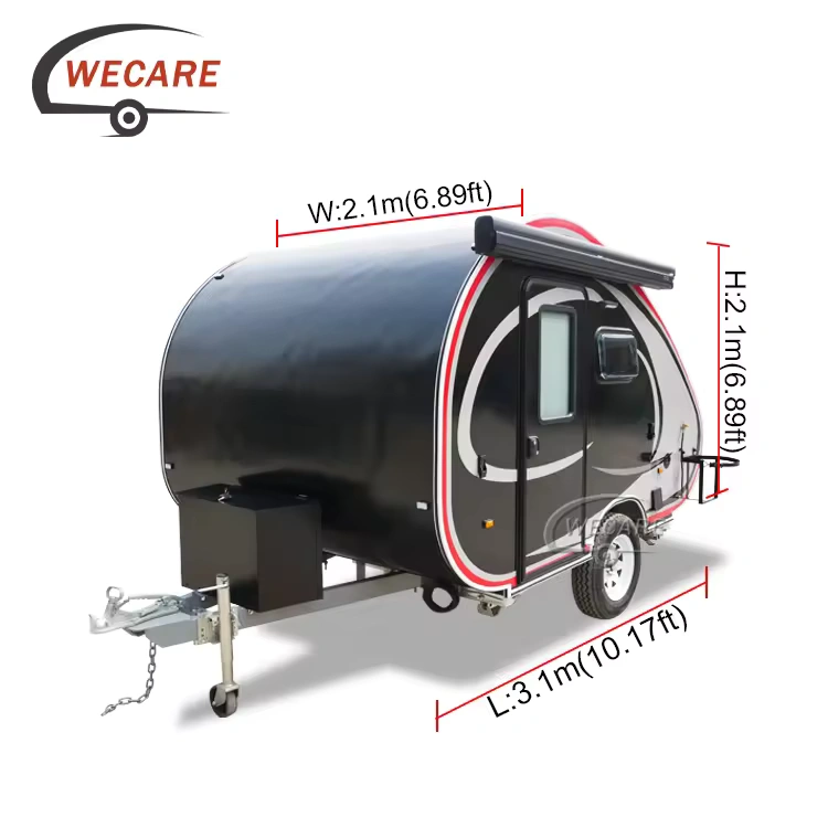 WECARE Teardrop Camper with Table featuring exterior dimensions and sleek black stainless steel design for off-road travel.