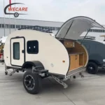 WECARE Off-Road Teardrop Caravan featuring a slide-out kitchen, rugged chassis, and solar power for off-grid adventure.