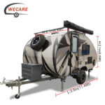 WECARE off-road teardrop camper with ensuite showing exterior dimensions and sleek aluminum design for off-grid camping.