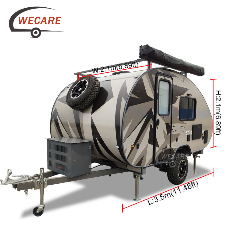 WECARE off-road teardrop camper with ensuite showing exterior dimensions and sleek aluminum design for off-grid camping.
