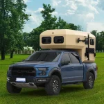 The Larry Light CODE 2685 off-road camper mounted on a blue pickup truck for adventurous off-grid camping in Australia.