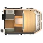 Overhead floor plan view of the Larry Light truck camper showing the interior layout including sleeping area and bathroom.