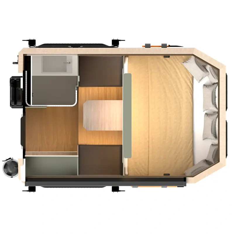 Overhead floor plan view of the Larry Light truck camper showing the interior layout including sleeping area and bathroom.