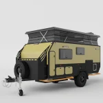 Perry Popup hybrid caravan with off-road features, sandwich composite body, and pop-up roof design for family camping.