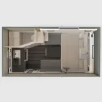 Floor plan layout of the Perry Popup Hybrid Caravan, featuring a king bed, kitchen, and bathroom ensuite area.