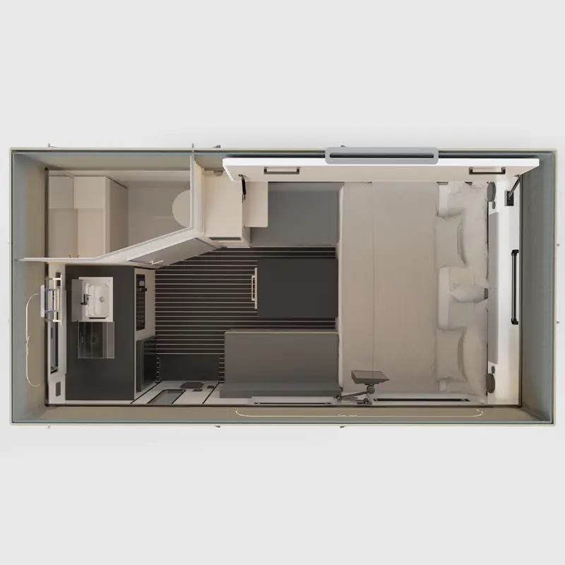 Floor plan layout of the Perry Popup Hybrid Caravan, featuring a king bed, kitchen, and bathroom ensuite area.