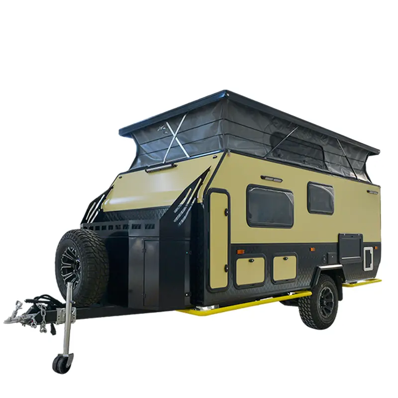 The Perry Popup HC C212 hybrid caravan features a durable sandwich composite board structure for outdoor camping.